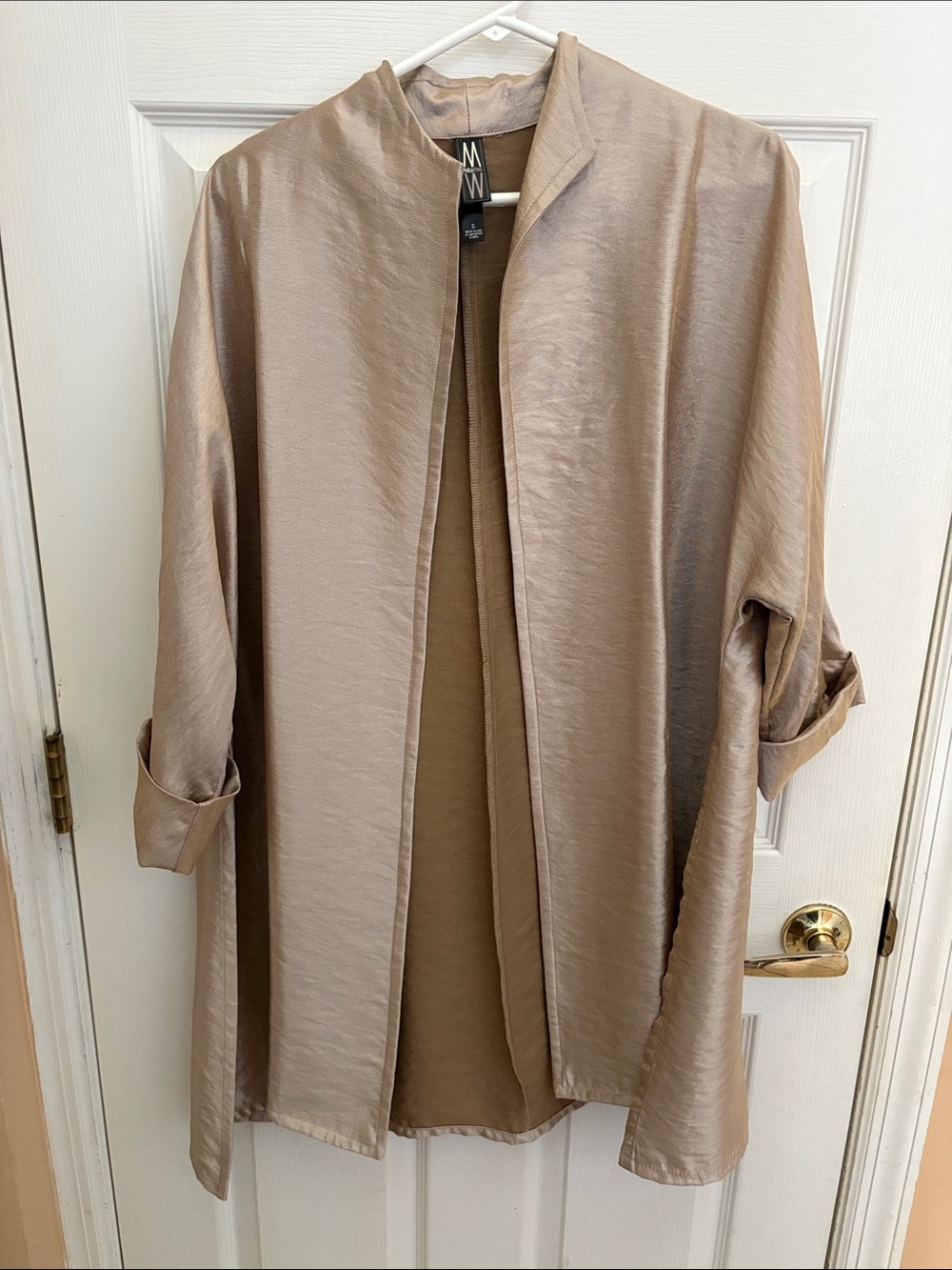 MW Marla Wynne Satin-Look Beige taupe Open Front long blazer size oversized SM